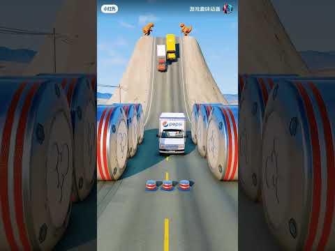 A large truck convoy comes down the slope and passes the hydraulic roadblock
