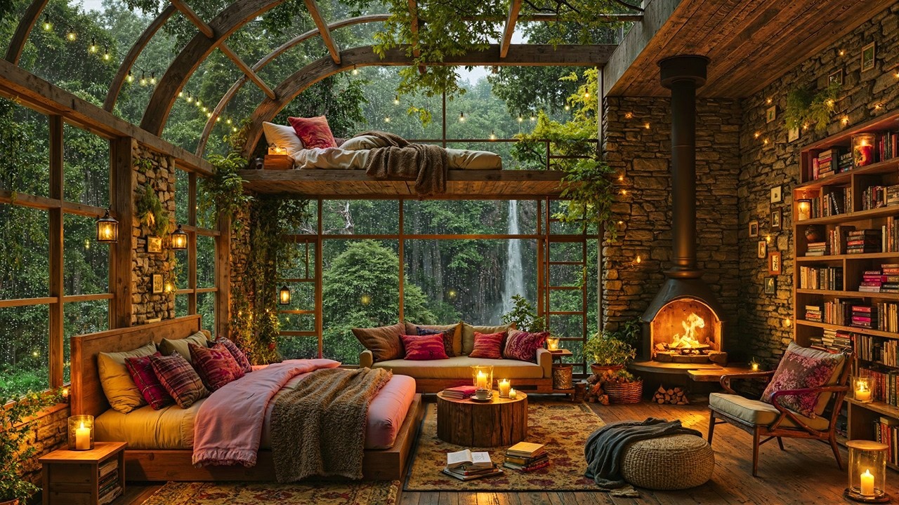 Cozy Rainforest Cabin with Rainy Ambience | Soft Fireplace Jazz Mood to Unwind