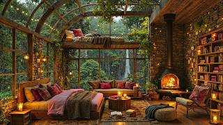 Cozy Forest Cabin with Rainy Spring Ambience | Soft Fireplace Jazz Mood to Unwind screenshot 2