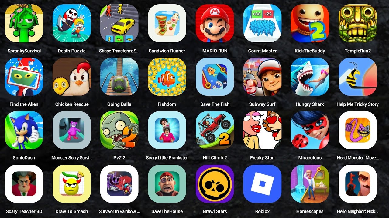 Sprunki survival, Save Prisner, Sonic Dash, Scary Little Prankster, Brawl Stars,  PVZ 2, Roblox 