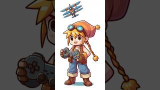Cute cartoon gamer girl in headphones holding a controller and flying a plane