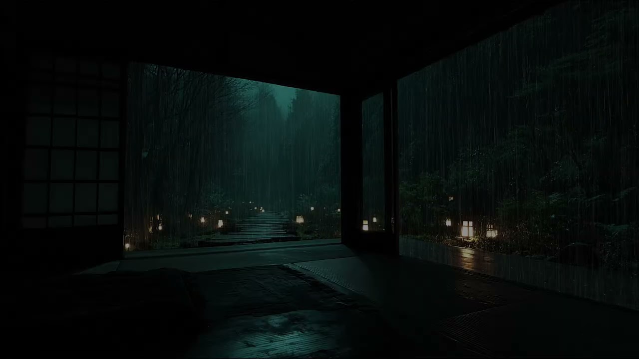 Cozy Rainy Evening Ambience from a Dark Room Overlooking Forest for Deep Sleep and Serenity