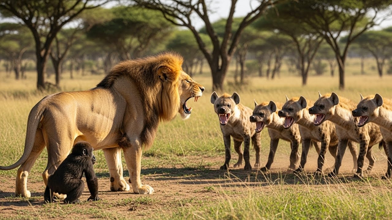 Lion Saves Baby Gorilla from Hyenas, What Happened Next Was Unbelievable!