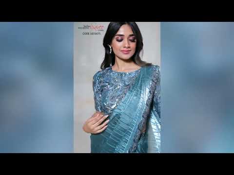 Crepe Silk Reception Blue in Green with Sequence work-1831675