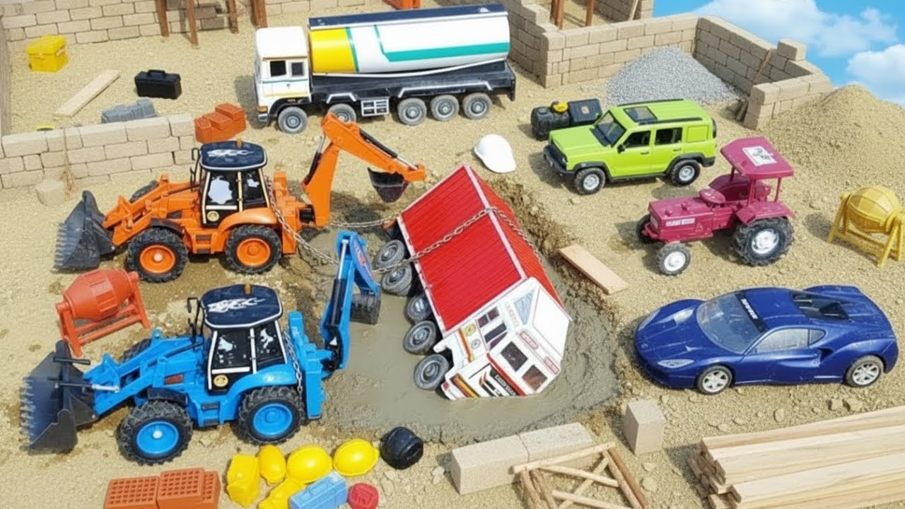 Fun construction site🚓🚒 tractors, trucks, cranes transporting materials to build high-rise buildings