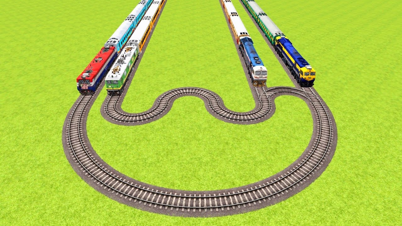 FOUR TRAINS VS CRAZY CURVES LIKE A SNAKE SHAPED LOOPS RAILROAD ▶️ Train Simulator | CrazyRails