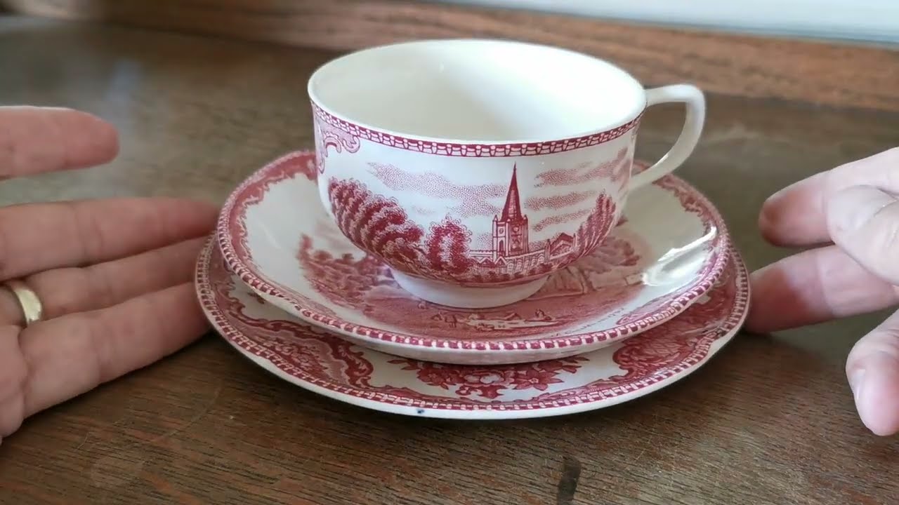 Johnson Bros China Red and White Old Britain Castles Teacup Trio