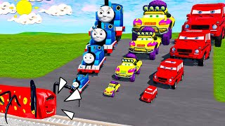 Monster Truck Flatbed Trailer Tractor Rescue Bus - Big & Small Cars - Cars vs Rails and Train