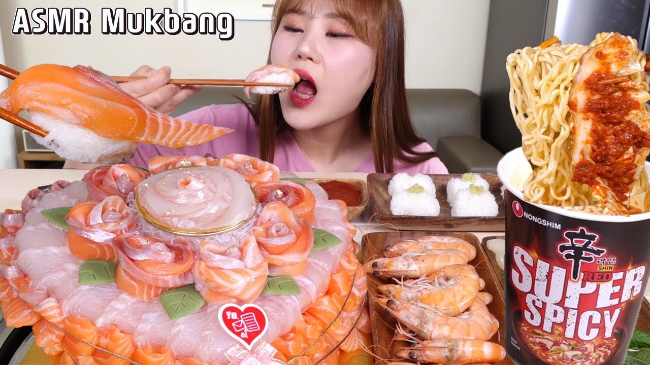 ASMR Mukbang｜연어회와 광어회로 만든 예쁜 회 케이크와 신라면 Super Spicy!! 먹방!!