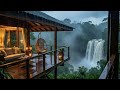 House in a tropical forest with a view of a waterfall | 3 Hours of Soothing Rain Sounds