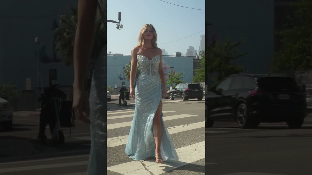 Strapless sheer corset sequin dress J4055 in Light Blue 