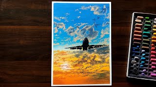 Airplane✈️️ And Amazing Clouds☁️ At Sunset | Soft Pastel Drawing For Beginners screenshot 3