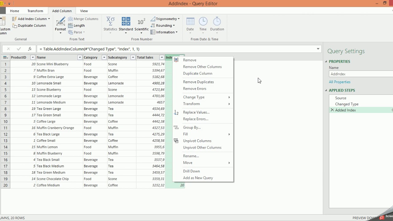 power query tutorial basic 10 Add indexes, menambahkan kolom index