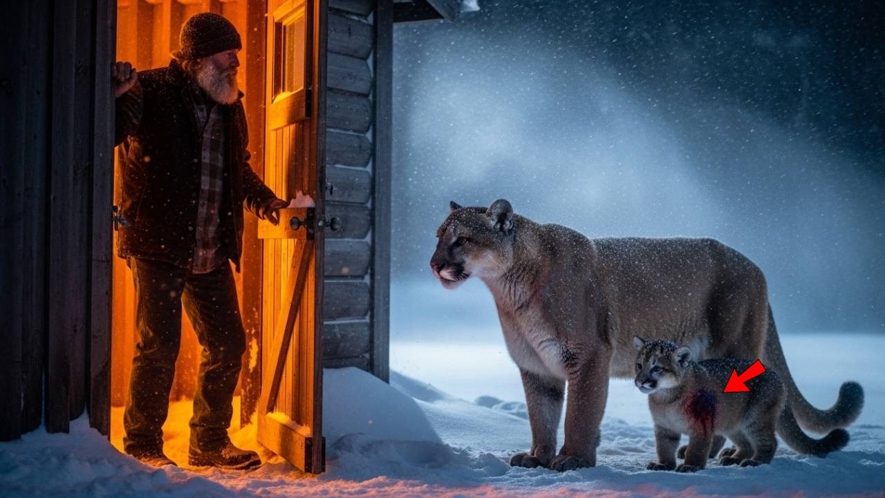 Героическое спасение: пума несет своего детеныша и стучит в дверь, зовя на помощь.