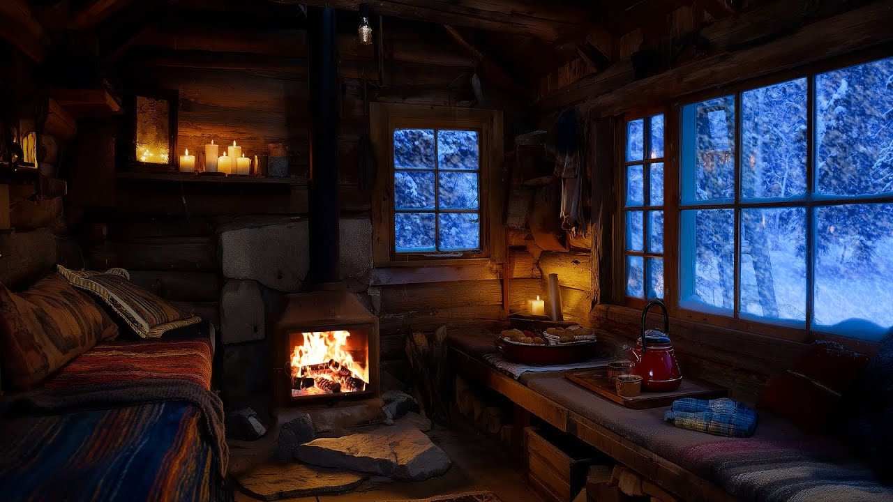 Cozy Calm Cabin In Winter Forest ❄️ Fireplace Crackling and Snow Sounds for Deep Sleep