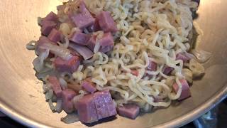 Fried Ramen Noodles Stirfried with Onions Garlic and Spam