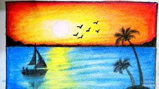 رسم سهل | كيفية رسم منظر طبيعي غروب الشمس على البحر | رسم بالرصاص | تعليم الرسم