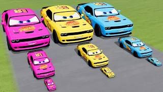 Big & Small Colors Dodge Challenger SRT Hellcat Lightning McQueen VS Train | BeamNG.drive