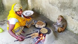 रोटी निकालने का इंतजार हो रहा😂😂।। देसी लोग देसी खाना।। monkey Rani eating food i love Animals 🤩