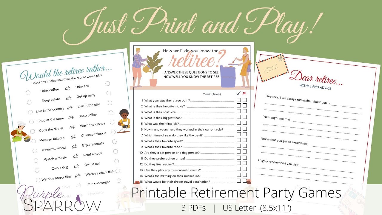 Retirement Party Games | 3 Printable PDFs | US Letter - YouTube