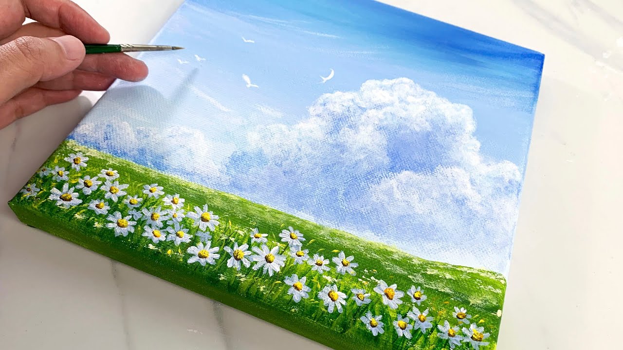 How to Paint Daisy with Fluffy Cloud / Acrylic Dreamy Spring Painting