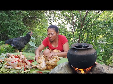 Amazing Cooking Skill by grilling Chicken in pot using wild recipe for jungle food