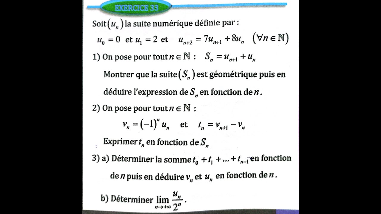 suites numériques 2 bac SM  Ex 33 page 103 Almoufid