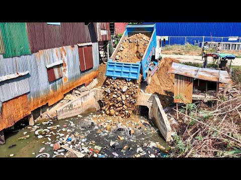 WOW!!Bulldozer Komat'su Pushing Massive Dirt Mound Complete Project delete water with trucks 5ton.