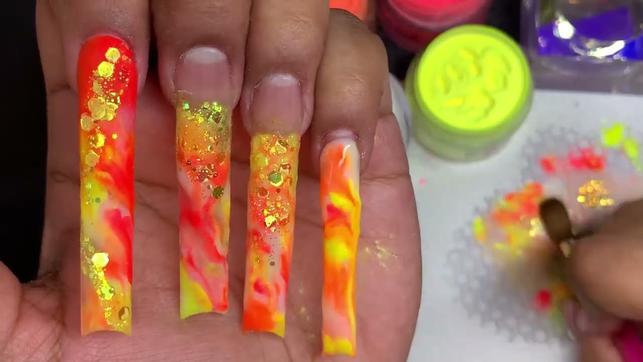 HOW TO MARBLE ACRYLIC NAILS/ XXL ORANGE & YELLOW SUMMER NAILS💛❤️✨