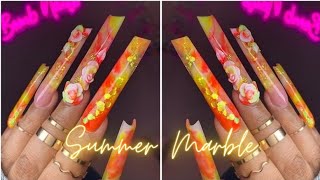 HOW TO MARBLE WITH ACRYLIC/ XXL ORANGE & YELLOW SUMMER NAILS💛❤️✨