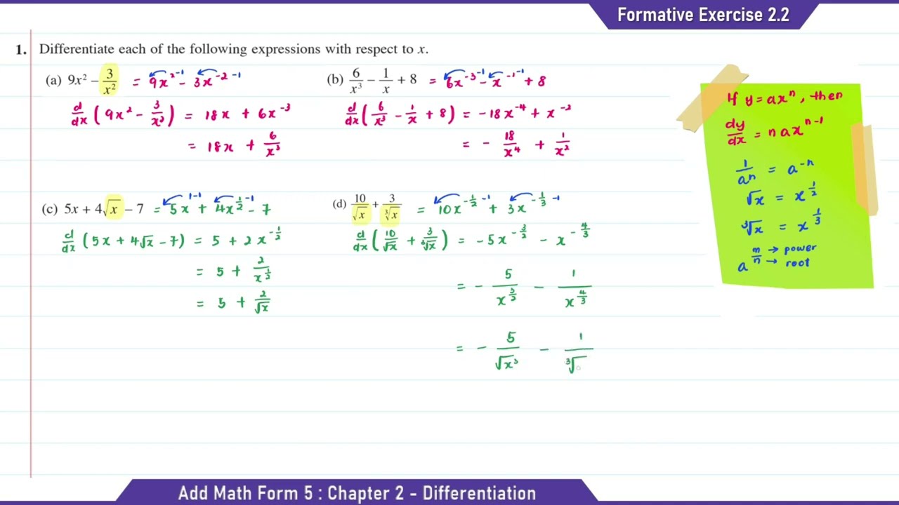 Additional Mathematics | Form 5 | Chapter 2 : Differentiation | Formative Exercise 2.2