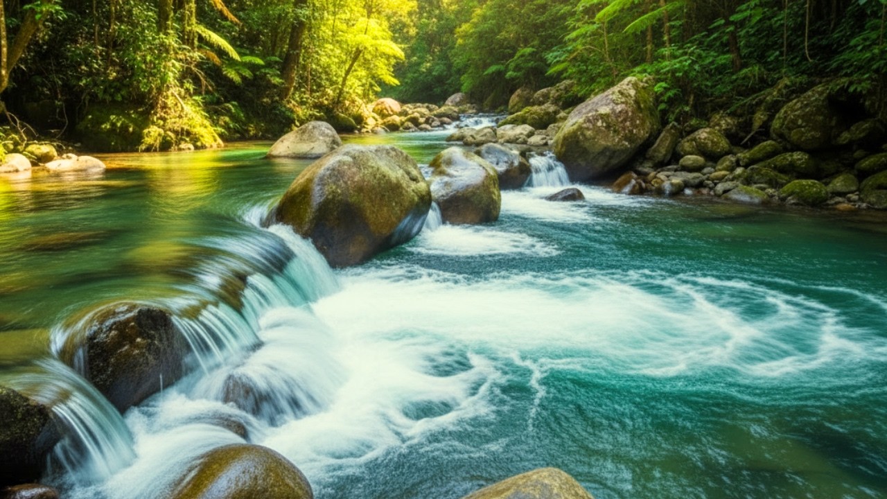Flowing River in Green Forest – Sleep Instantly with Natural Water Ambience