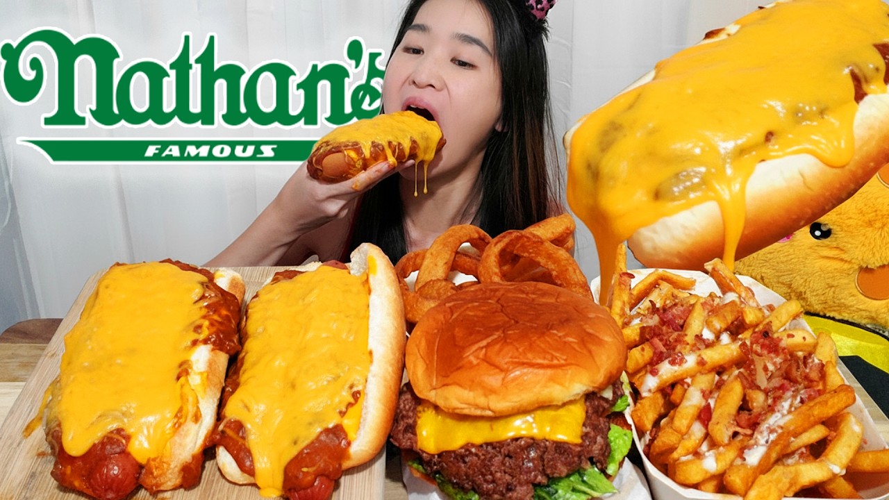 Eating Very Cheesy Chili Cheese Dogs & Fries From Nathan's! Satisfying Mukbang ASMR Eating Show