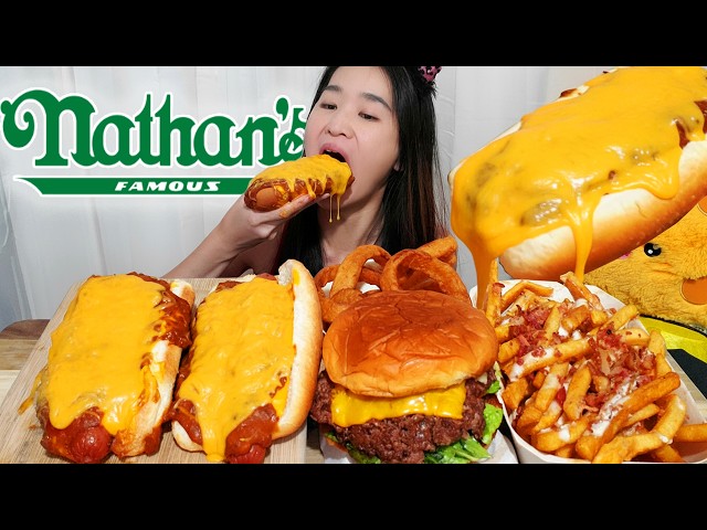 Eating Very Cheesy Chili Cheese Dogs & Fries From Nathan's! Satisfying Mukbang ASMR Eating Show