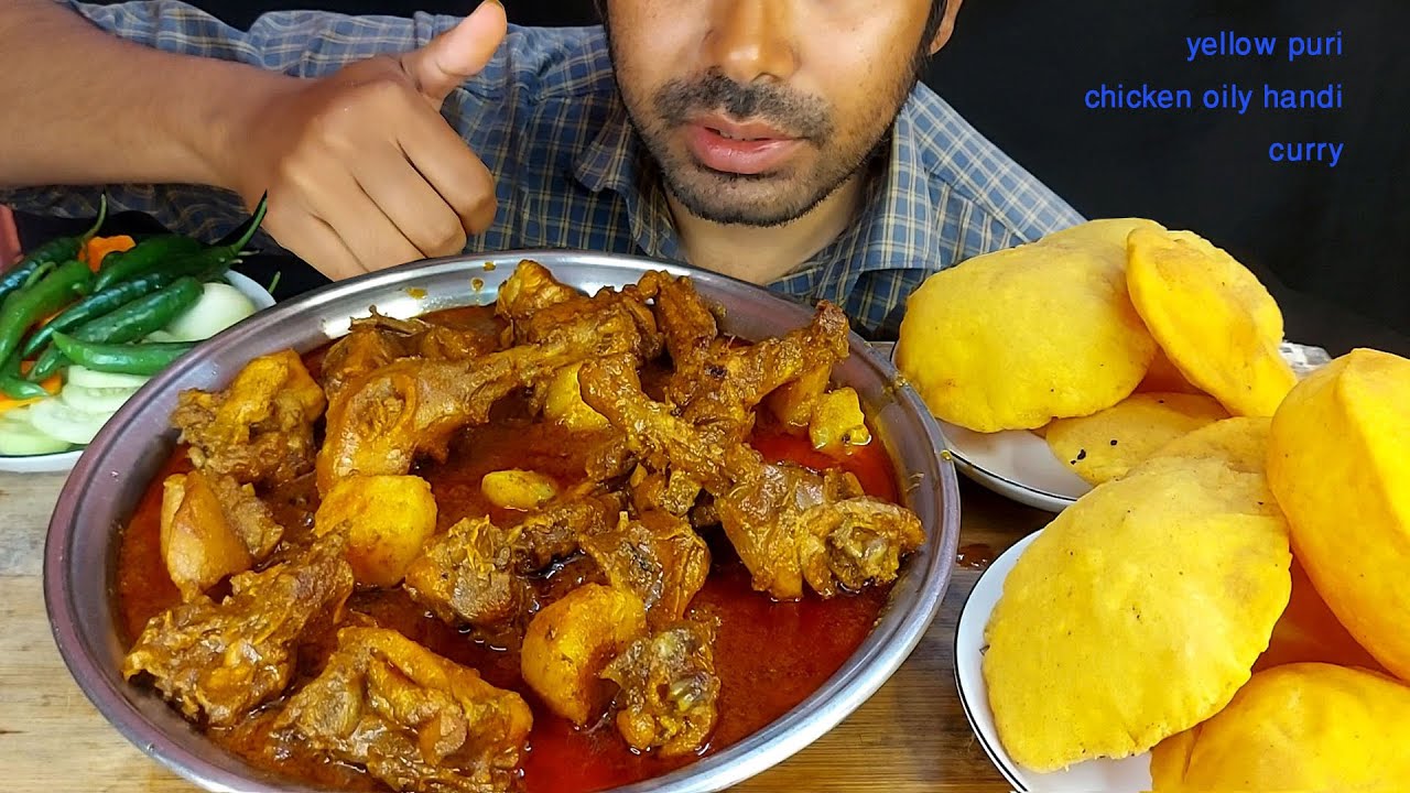 manipuri style desi spicy chicken handi masala fried desi puri spicy gravy salad chilli eatingshow