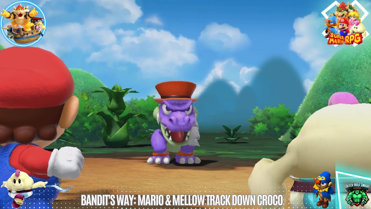 Bandit's Way: Mario & Mellow track down Croco to recover Grandpa's coin in Super Mario RPG Remake.