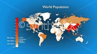 Animated map of world population by country. Two versions, with/without text labels and rising bar.