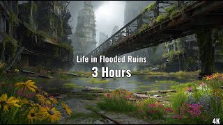 Flooded Ruins Ambience 4K | Flowing Water &amp; Wildflowers | 3 Hours Loop