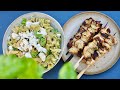 Pâtes au pesto citron et feta, brochettes de poulet mariné au BBQ