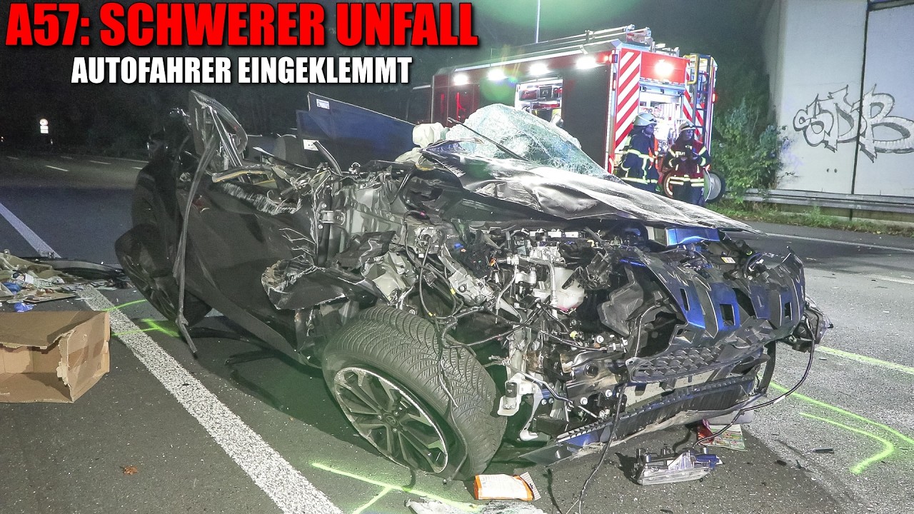 [A57: SCHWERER UNFALL - FAHRER EINGEKLEMMT!] - Kollision zwischen PKW & LKW | ITH | Feuerwehr Köln -