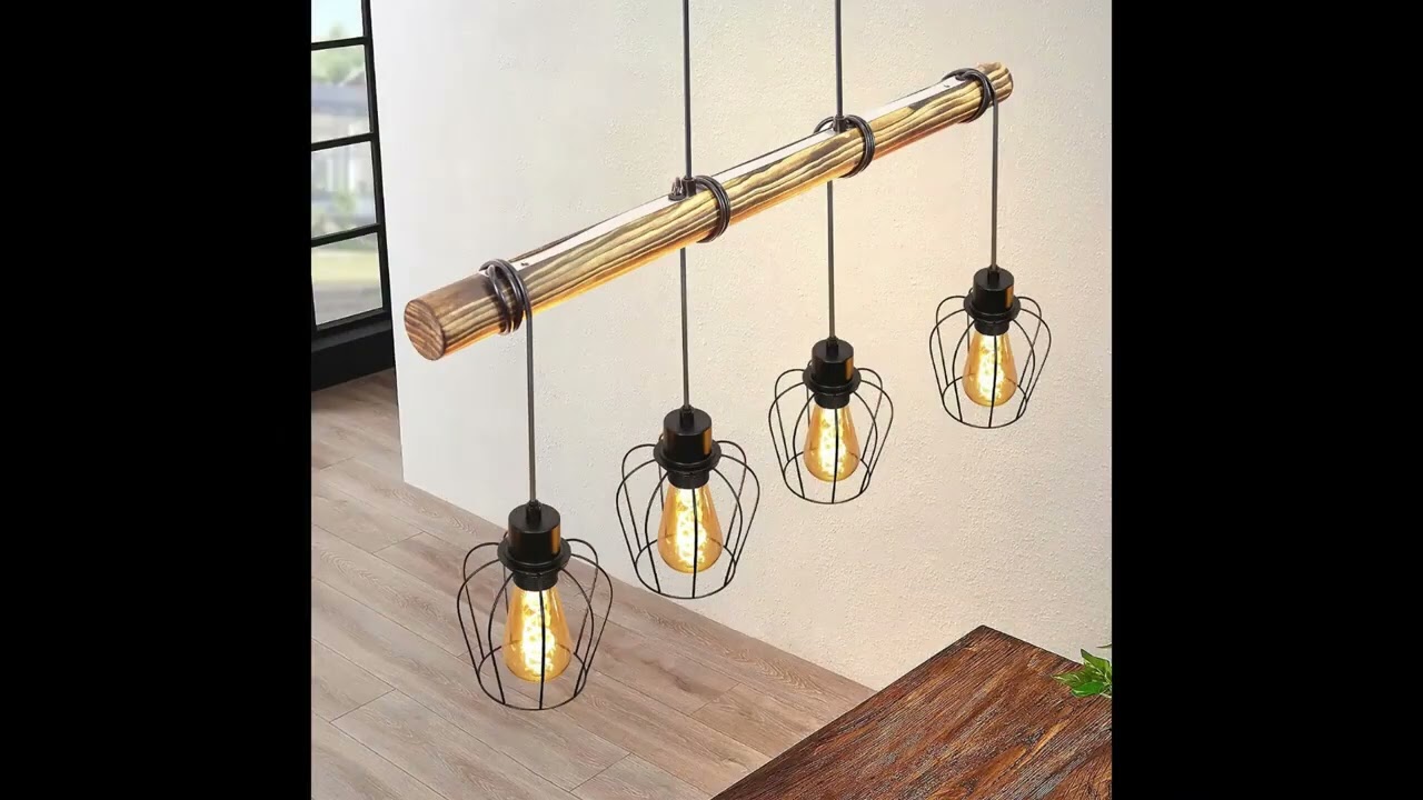 Retro-Pendelleuchte Vintage Hängelampe mit 4 Flammen | Holzlampe für Esszimmer