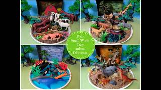 Four Small World Animal Tray Dioramas - Farm, Wild, Ocean Animals, & Dinosaurs