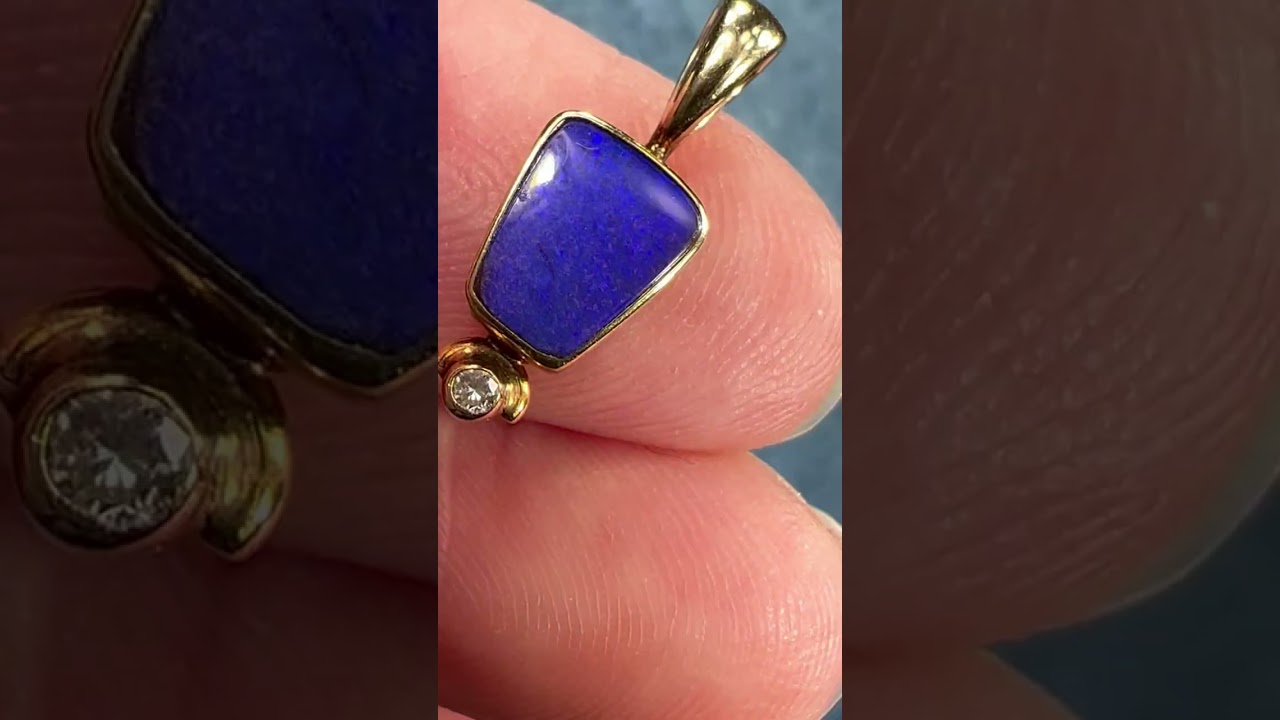 14k Gold Australian Boulder Opal + Diamond TINY Pendant *VIDEO*