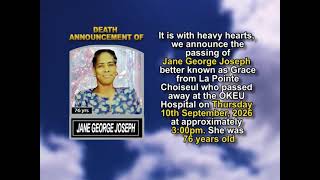 Jane George Joseph ~ Short Obituary