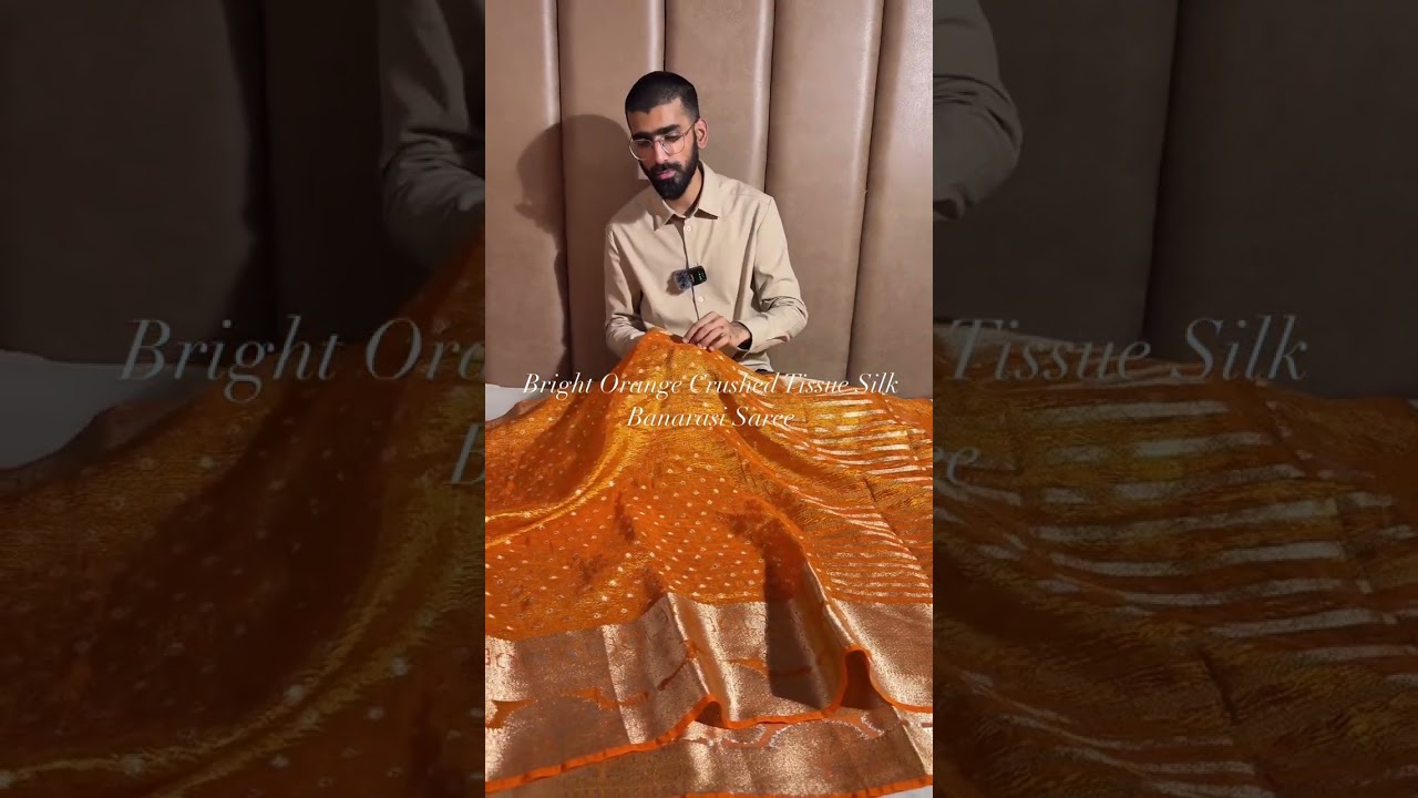 Search Code- TSS-539 Traditional Heritage Crushed Tissue Silk Banarasi Saree in Bright Orange