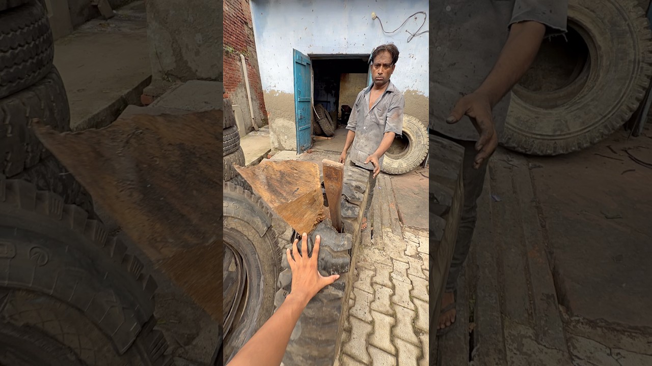 A Large truck tyre damaged by an iron rod and a large piece of wood was restored in India 🇮🇳