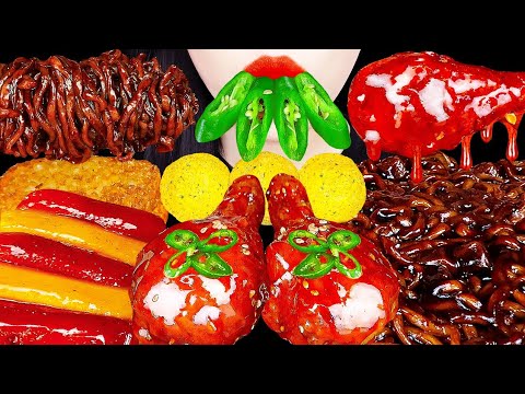 ASMR SPICY FRIED CHICKEN, <strong>BLACK</strong> BEAN NOODLES, CHEESE <strong>BALLS</strong> 직접만든 양념치킨, 트러플 짜파게티 치즈볼 EATING MUKBANG 먹방