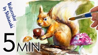 [Eng sub]  How to draw a Cute little squirrel / 5 min Easy Watercolor / Tutorial for beginners