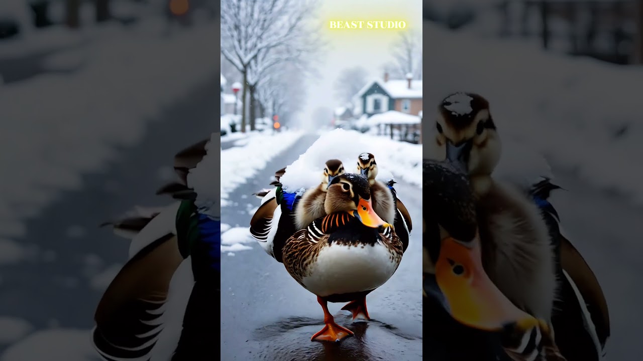 Mother Duck Carries Her Ducklings Through the Snow – A Heartwarming Winter Moment