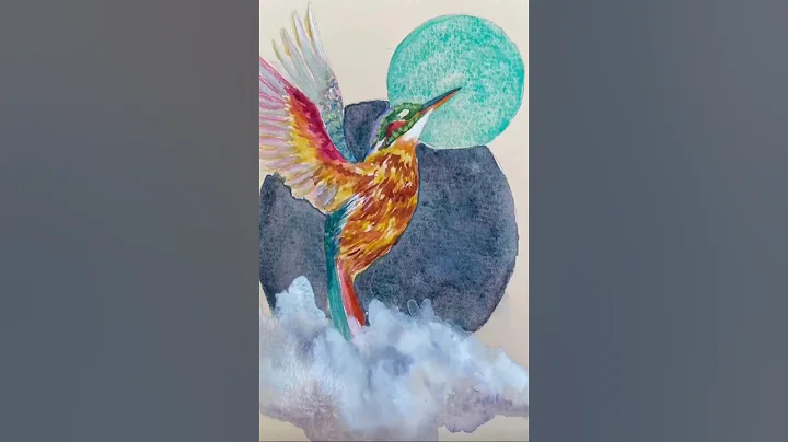 Watercolor Painting of a Kingfisher & Moon